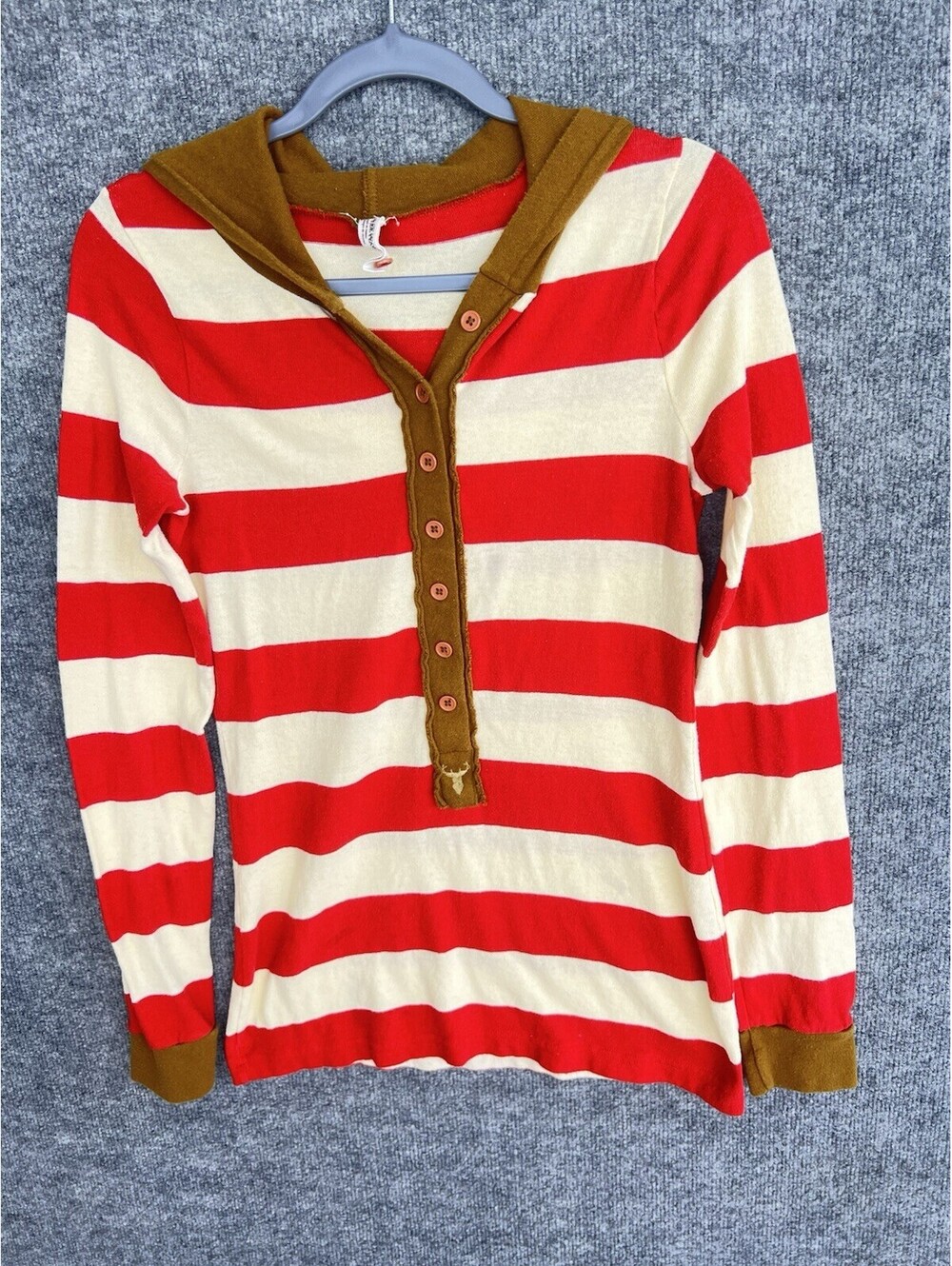 Free People Women’s Sz M Henley Top Hoodie Striped Casual Red Brown Y2K